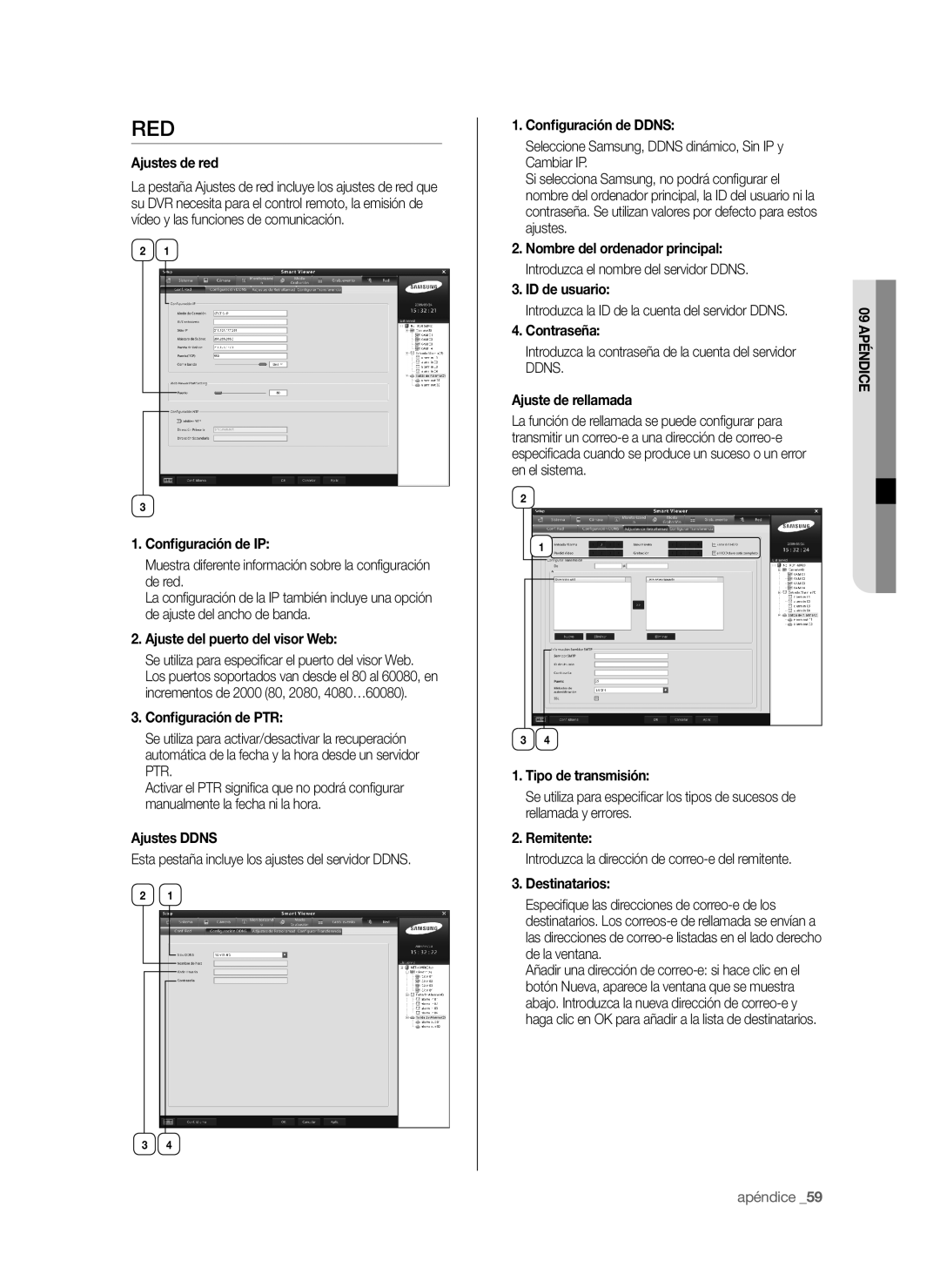 Samsung SHR-6042P Ajustes de red, Conﬁguración de IP, Ajuste del puerto del visor Web, Conﬁguración de PTR, Ajustes Ddns 