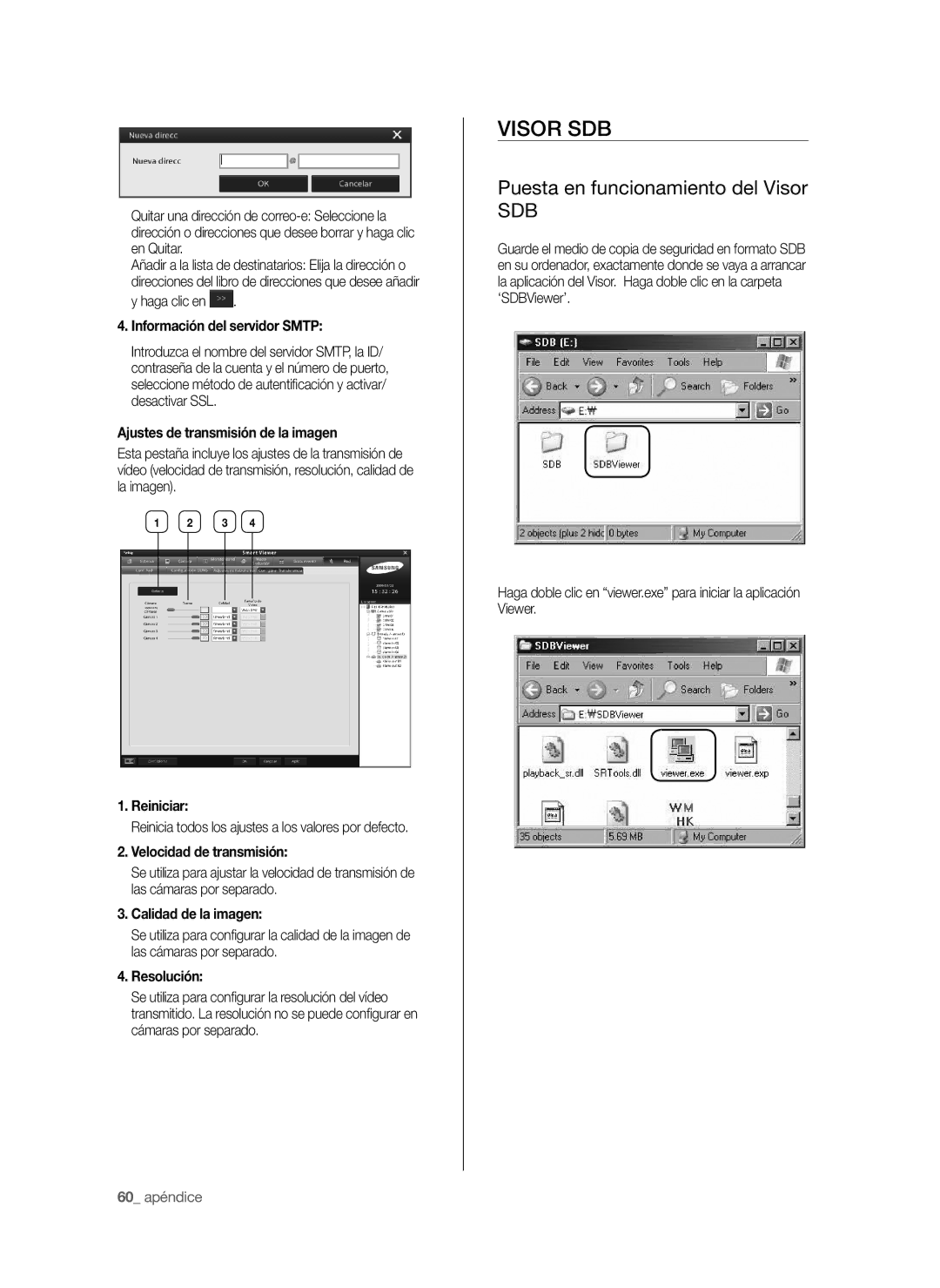 Samsung SHR-6040P, SHR-6042P manual Visor SDB, Puesta en funcionamiento del Visor, Sdb, Información del servidor Smtp 