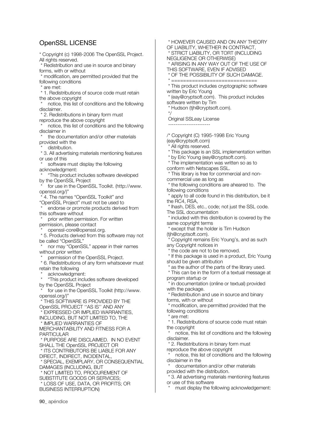 Samsung SHR-6040P, SHR-6042P manual OpenSSL License, Loss of USE, DATA, or Profits or Business Interruption, 90 apéndice 