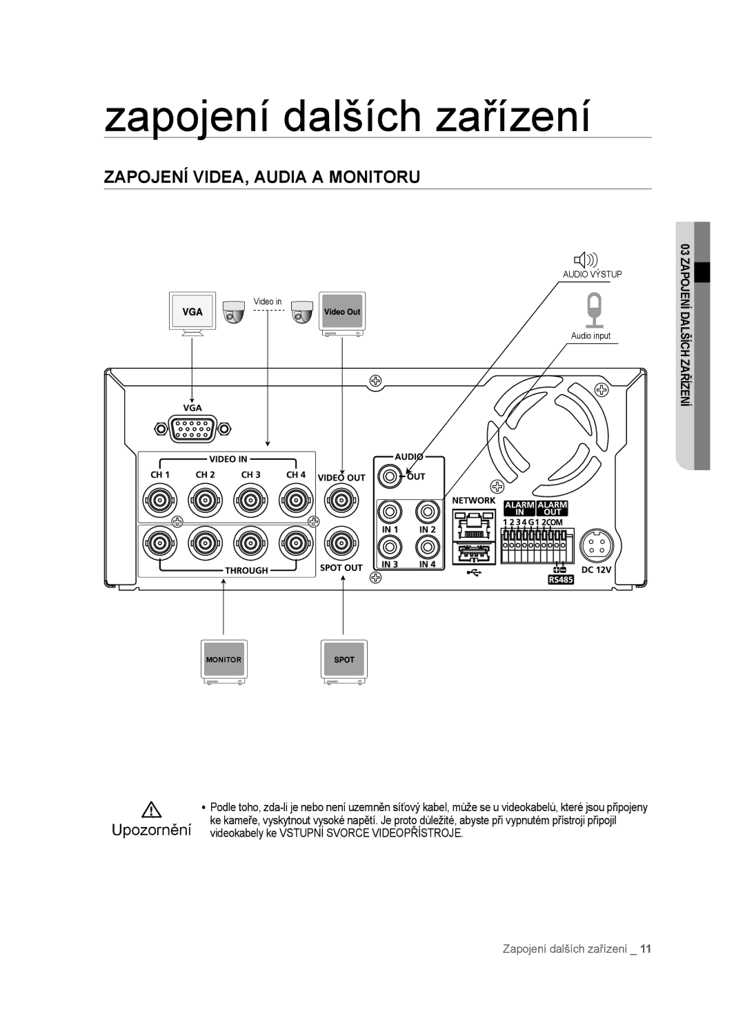 Samsung SHR-6042P, SHR-6040P manual Zapojení dalších zařízení, Zapojení VIDEA, Audia a Monitoru, Upozornění 