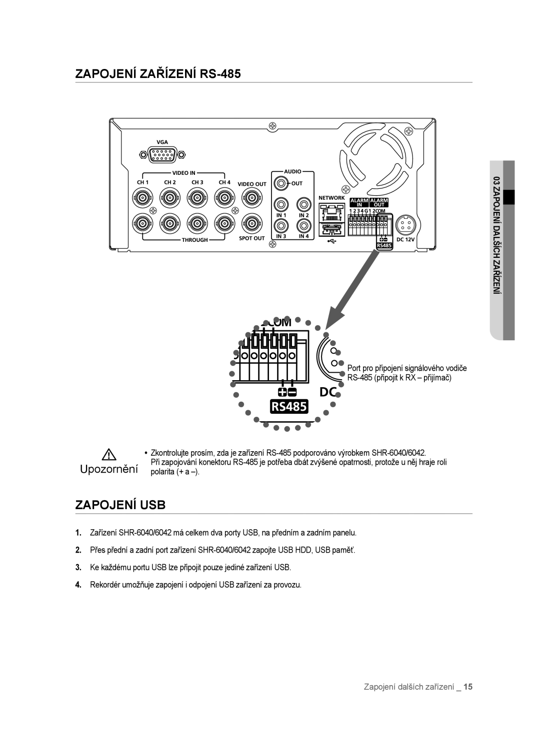 Samsung SHR-6042P, SHR-6040P manual Zapojení Zařízení RS-485, Zapojení USB, Polarita + a 