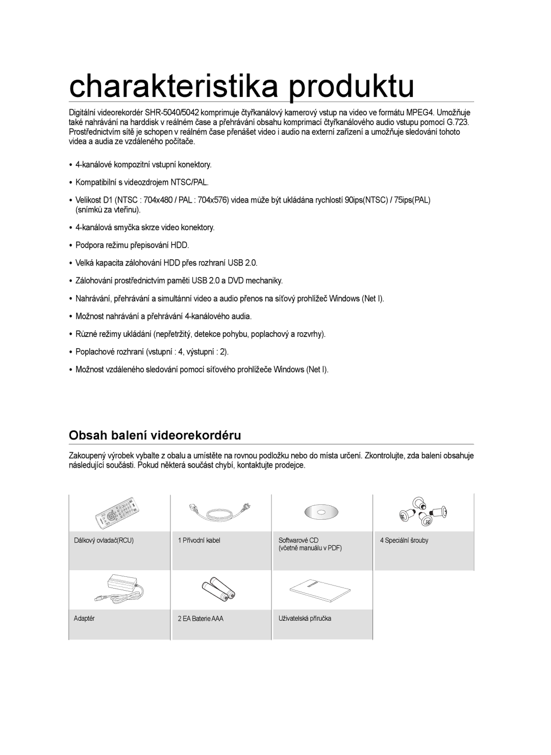 Samsung SHR-6040P, SHR-6042P manual Charakteristika produktu, Obsah balení videorekordéru 