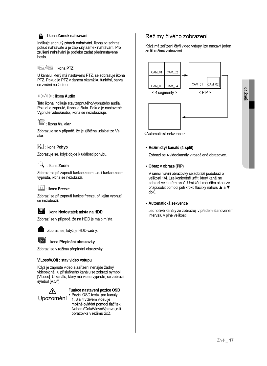 Samsung SHR-6042P, SHR-6040P manual Režimy živého zobrazení 