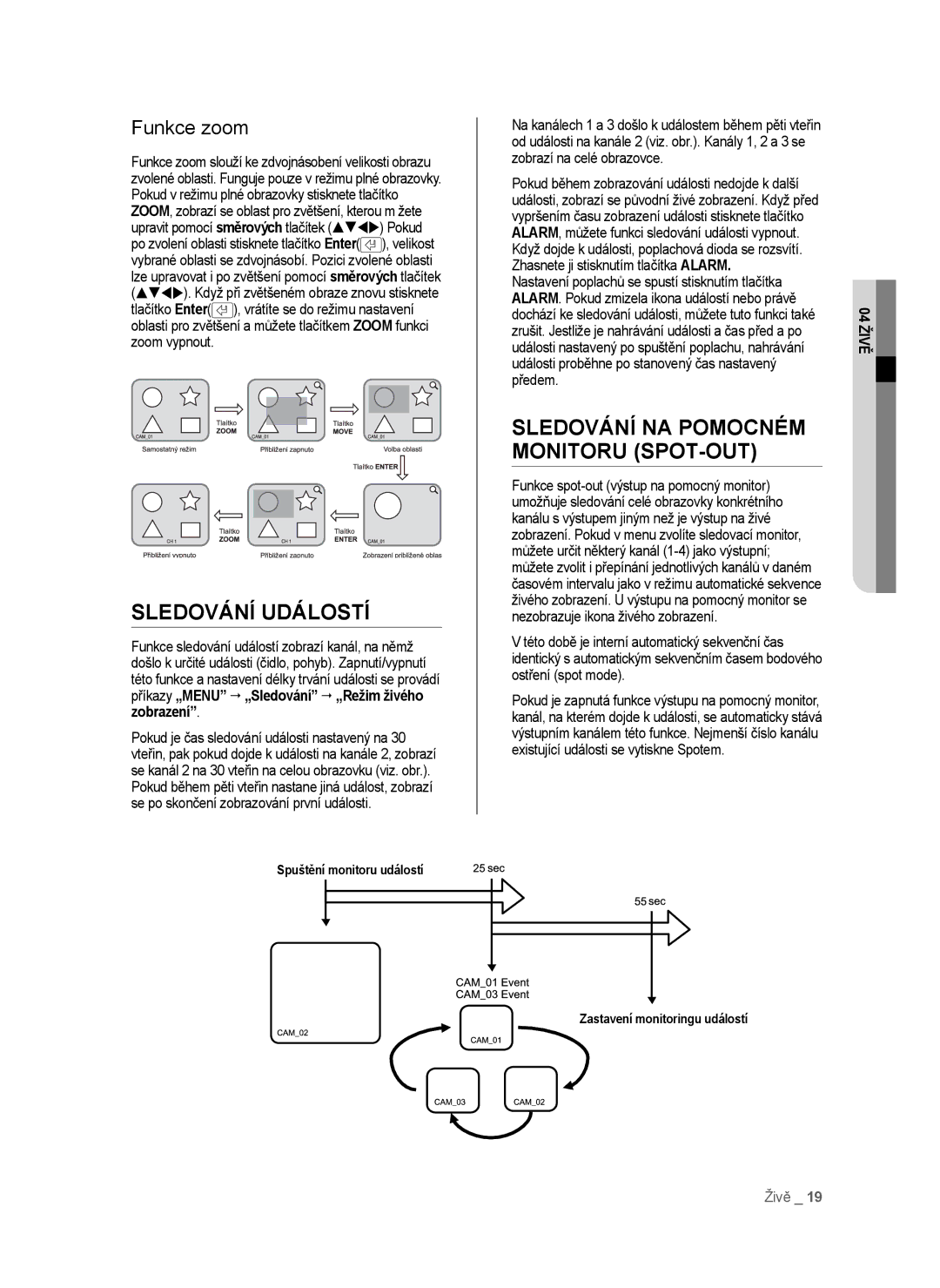 Samsung SHR-6042P, SHR-6040P manual Sledování Událostí, Sledování NA Pomocném Monitoru SPOT-OUT, Funkce zoom 