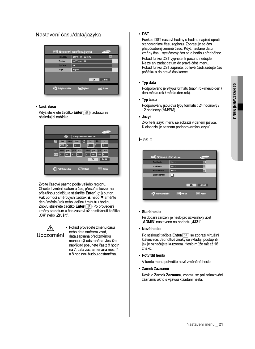 Samsung SHR-6042P, SHR-6040P manual Nastavení času/data/jazyka, Heslo, Dst 