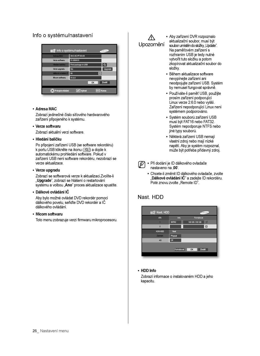 Samsung SHR-6040P, SHR-6042P manual Info o systému/nastavení, Nast. HDD 