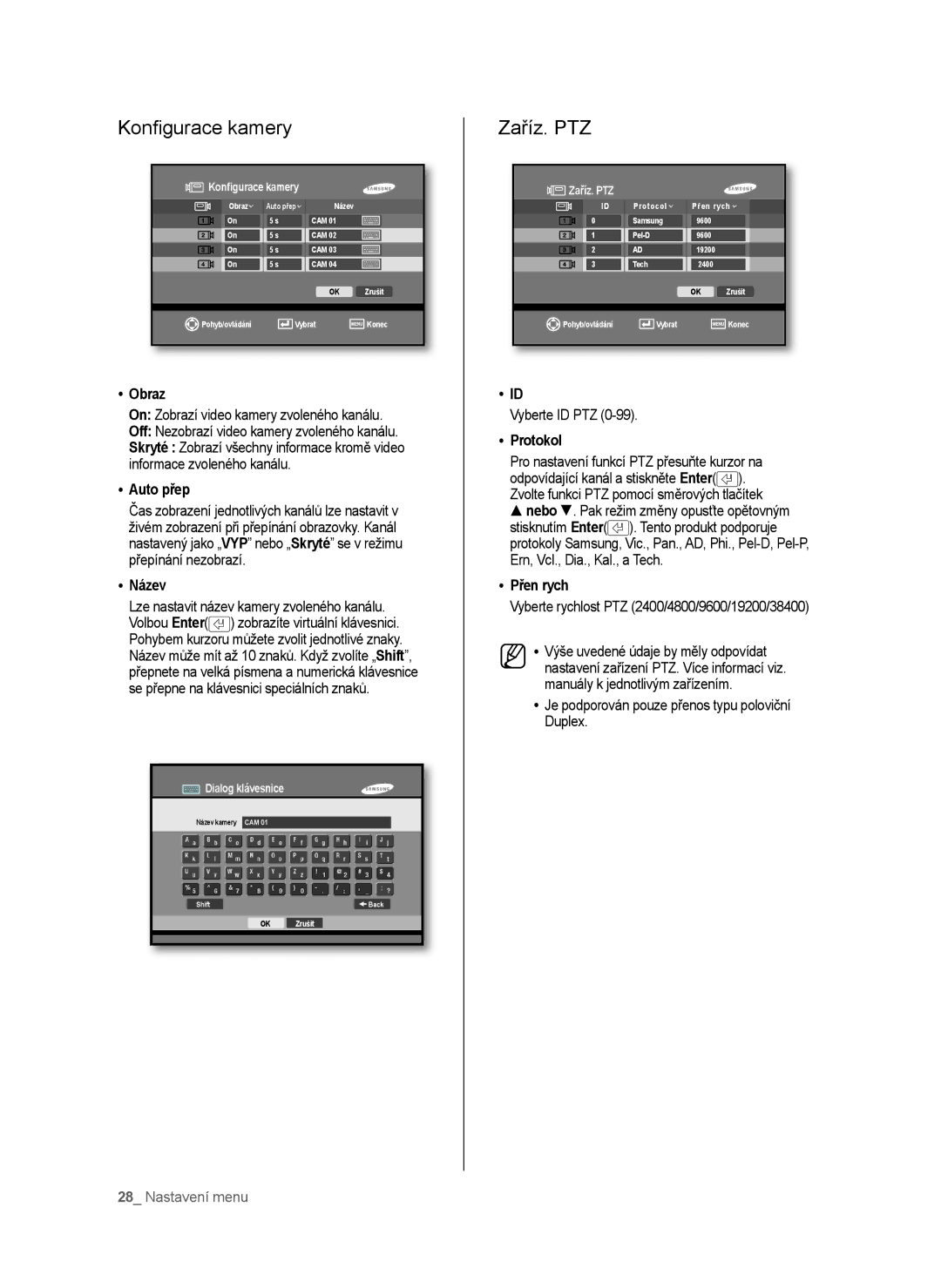 Samsung SHR-6040P, SHR-6042P manual Konﬁgurace kamery, Zaříz. PTZ 