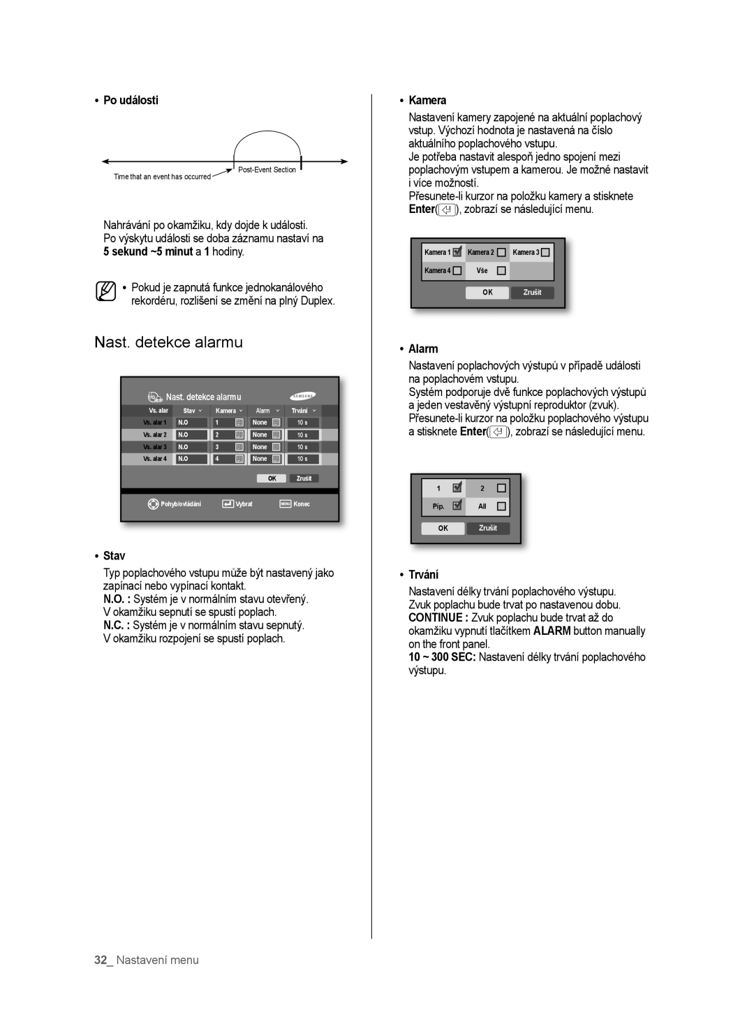 Samsung SHR-6040P, SHR-6042P manual Nast. detekce alarmu, Po události, Stav, Alarm, Trvání 