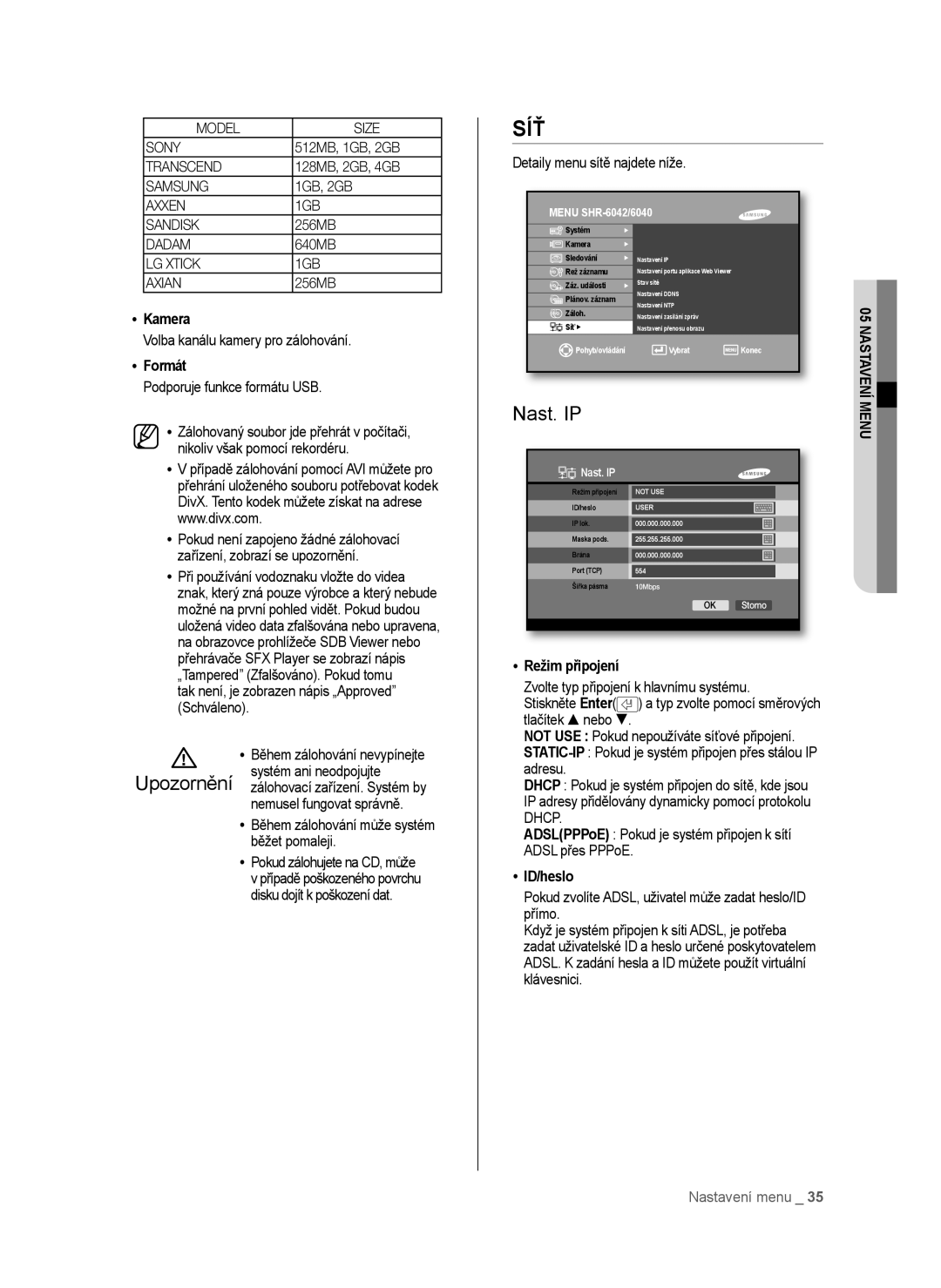 Samsung SHR-6042P, SHR-6040P manual Síť, Nast. IP, Formát, Režim připojení, ID/heslo 