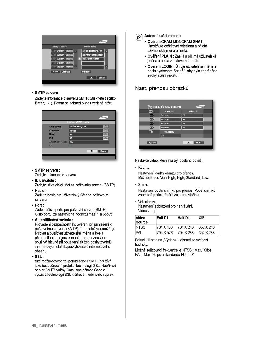 Samsung SHR-6040P, SHR-6042P manual Nast. přenosu obrázků, Smtp serveru, Autentiﬁkační metoda, ID uživatele, Ssl 