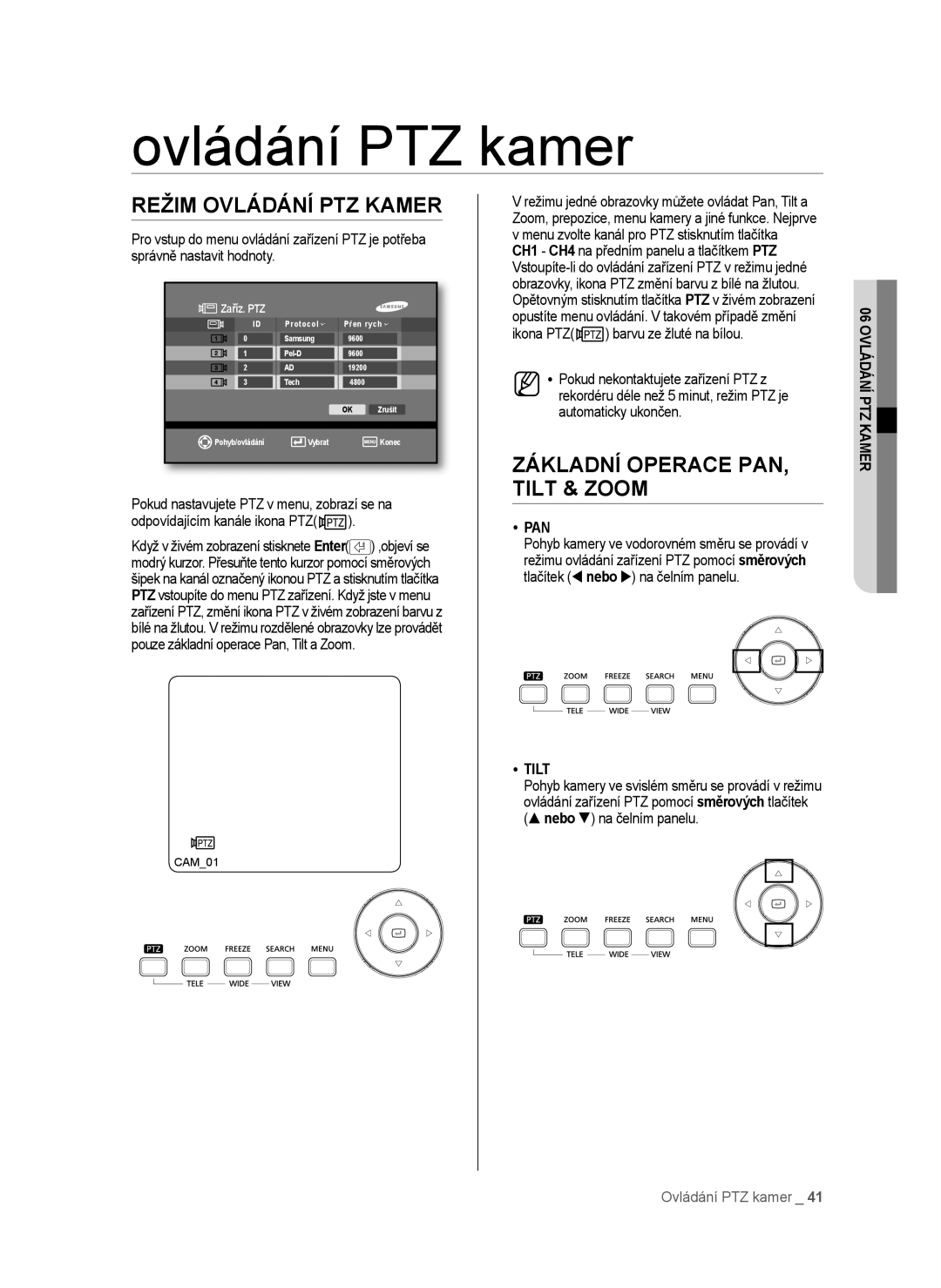 Samsung SHR-6042P, SHR-6040P manual Ovládání PTZ kamer, Režim Ovládání PTZ Kamer, Základní Operace PAN, Tilt & Zoom, Pan 