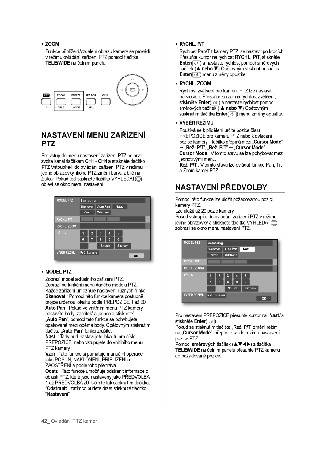 Samsung SHR-6040P, SHR-6042P manual Nastavení Menu Zařízení PTZ, Nastavení Předvolby 