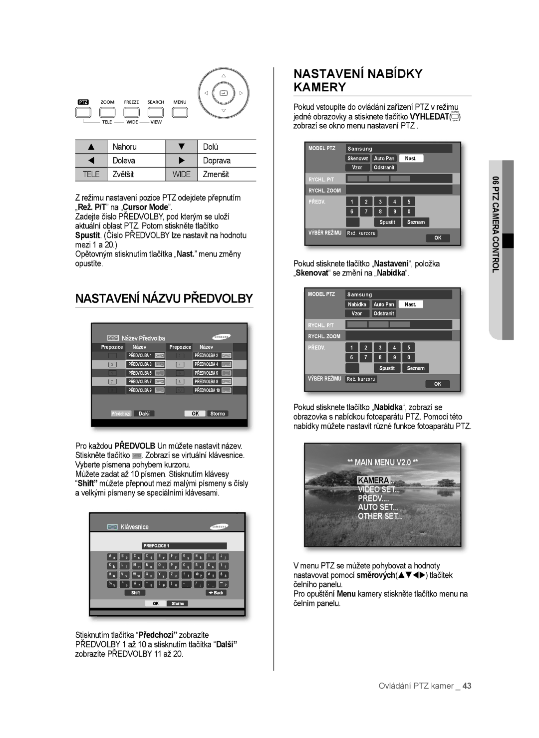 Samsung SHR-6042P, SHR-6040P manual Nastavení Názvu Předvolby, Nastavení Nabídky Kamery, Kamera 