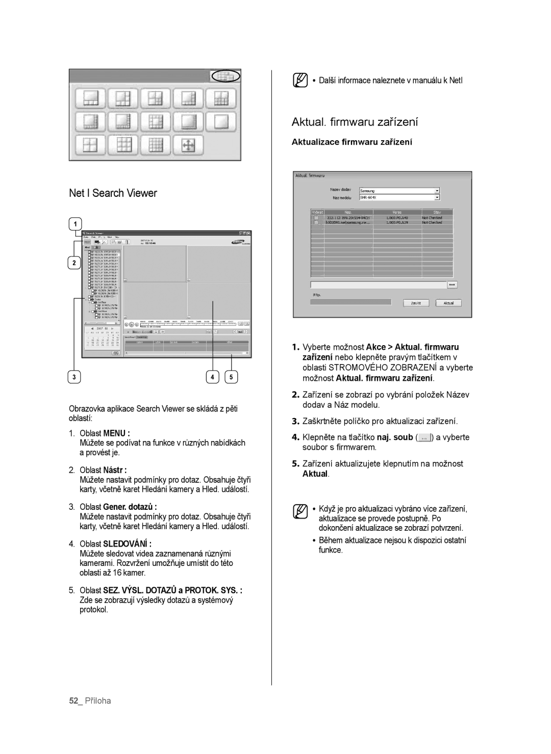 Samsung SHR-6040P, SHR-6042P manual Net I Search Viewer, Aktual. ﬁrmwaru zařízení, Oblast Gener. dotazů, 52 Příloha 