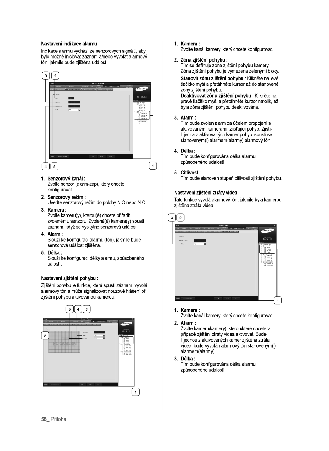 Samsung SHR-6040P, SHR-6042P Nastavení indikace alarmu, Senzorový kanál, Senzorový režim, Délka, Nastavení zjištění pohybu 