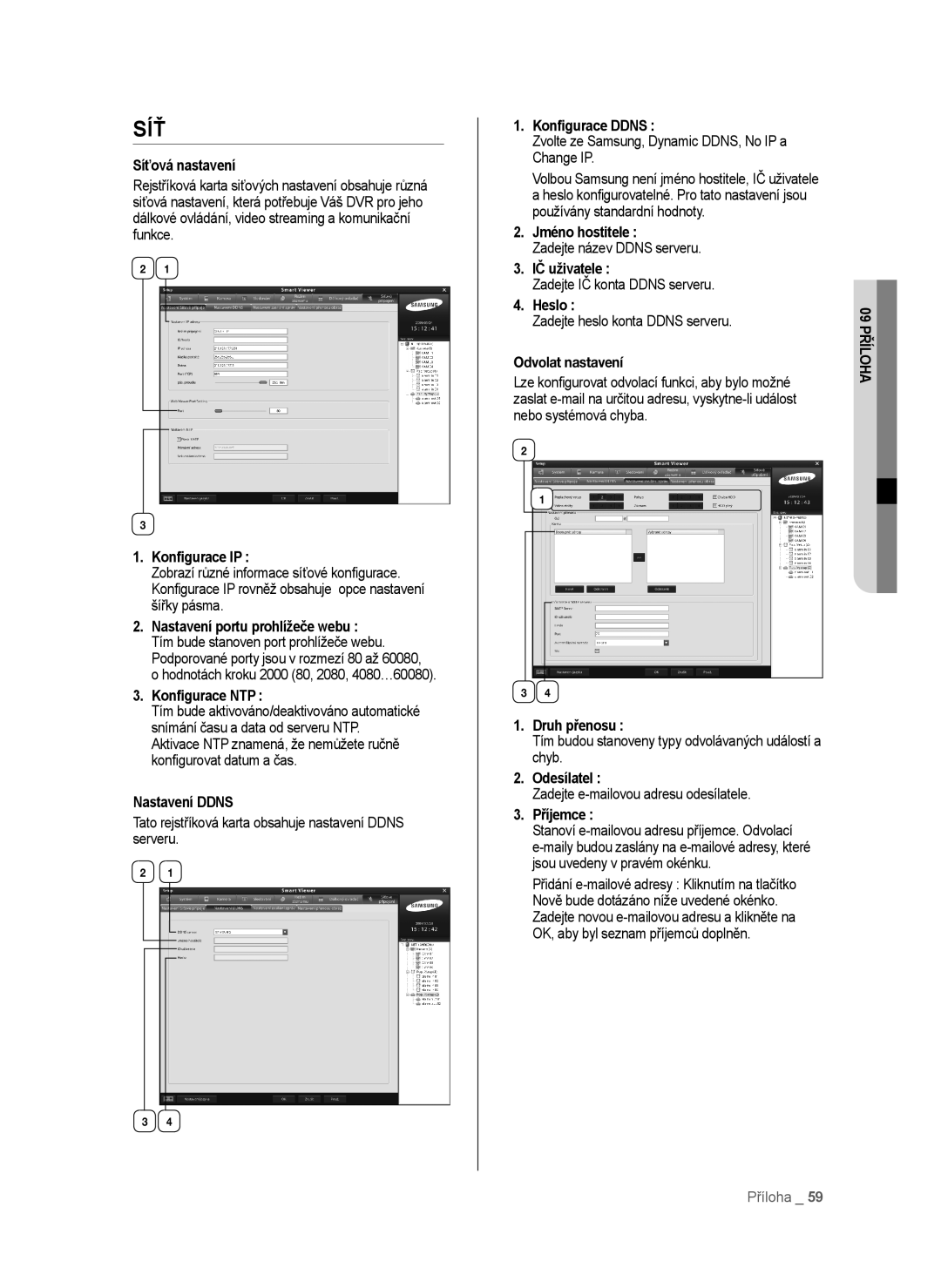 Samsung SHR-6042P manual Síťová nastavení, Konﬁgurace IP, Konﬁgurace NTP, Nastavení Ddns, Konﬁgurace Ddns, Jméno hostitele 