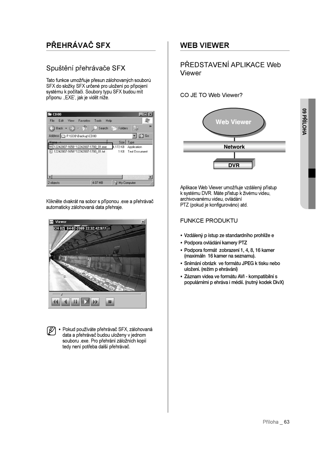 Samsung SHR-6042P, SHR-6040P manual Přehrávač SFX, WEB Viewer, Spuštění přehrávače SFX, Představení Aplikace Web Viewer 