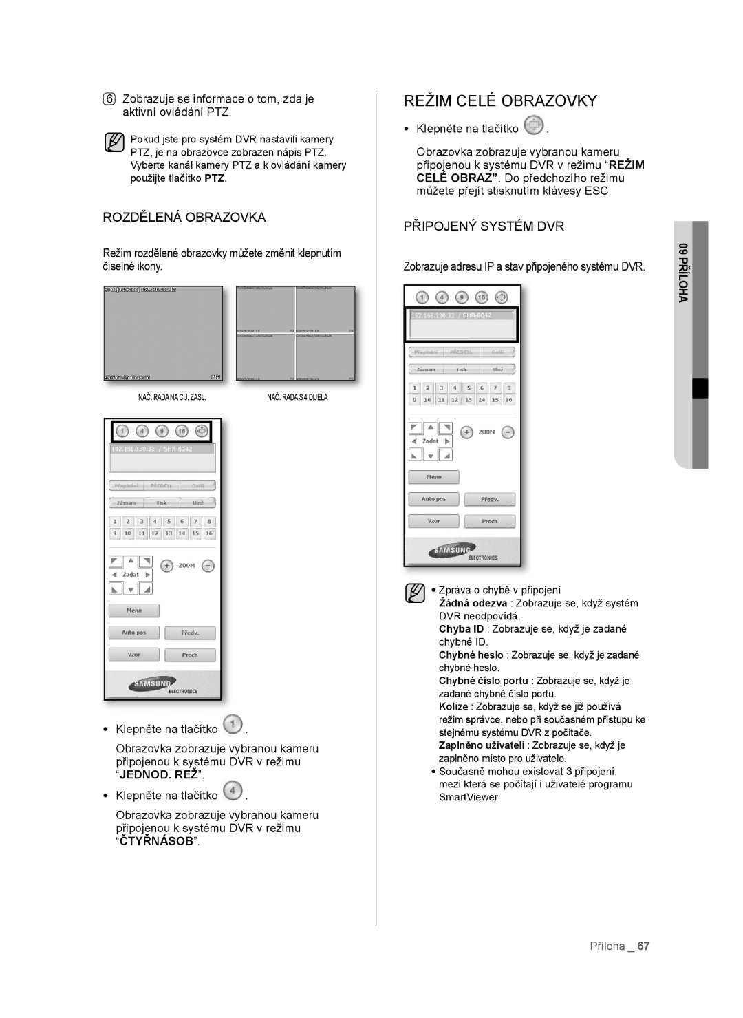 Samsung SHR-6042P, SHR-6040P manual Režim Celé Obrazovky, Zobrazuje se informace o tom, zda je aktivní ovládání PTZ 