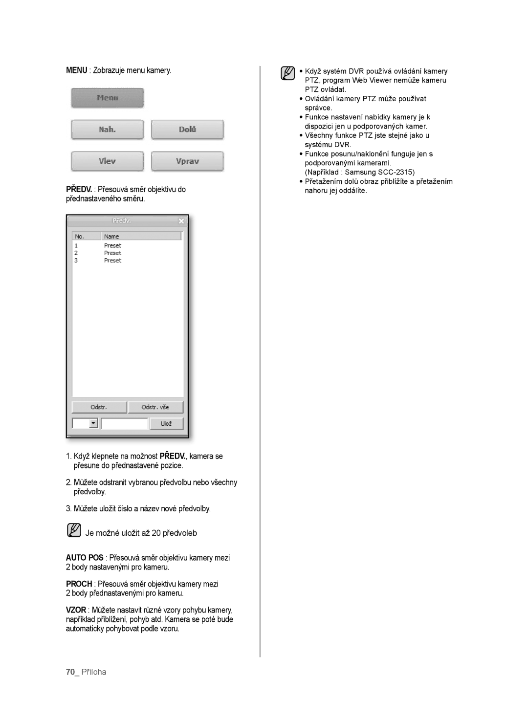 Samsung SHR-6040P, SHR-6042P manual Menu Zobrazuje menu kamery, 70 Příloha 