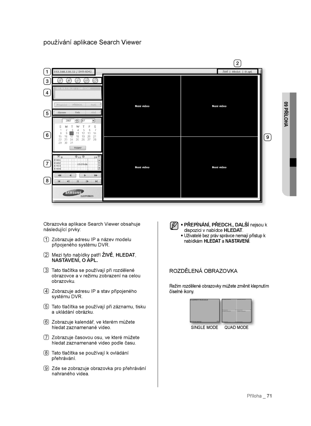 Samsung SHR-6042P, SHR-6040P manual Používání aplikace Search Viewer, Nastavení, O Apl 