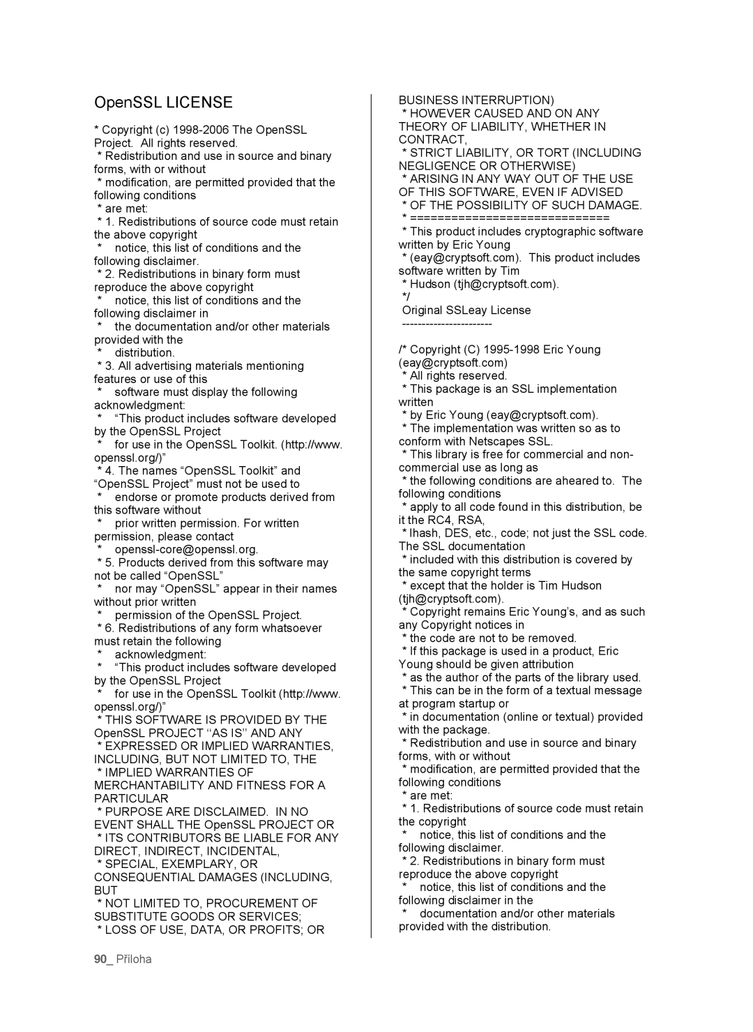 Samsung SHR-6040P, SHR-6042P manual OpenSSL License, 90 Příloha 