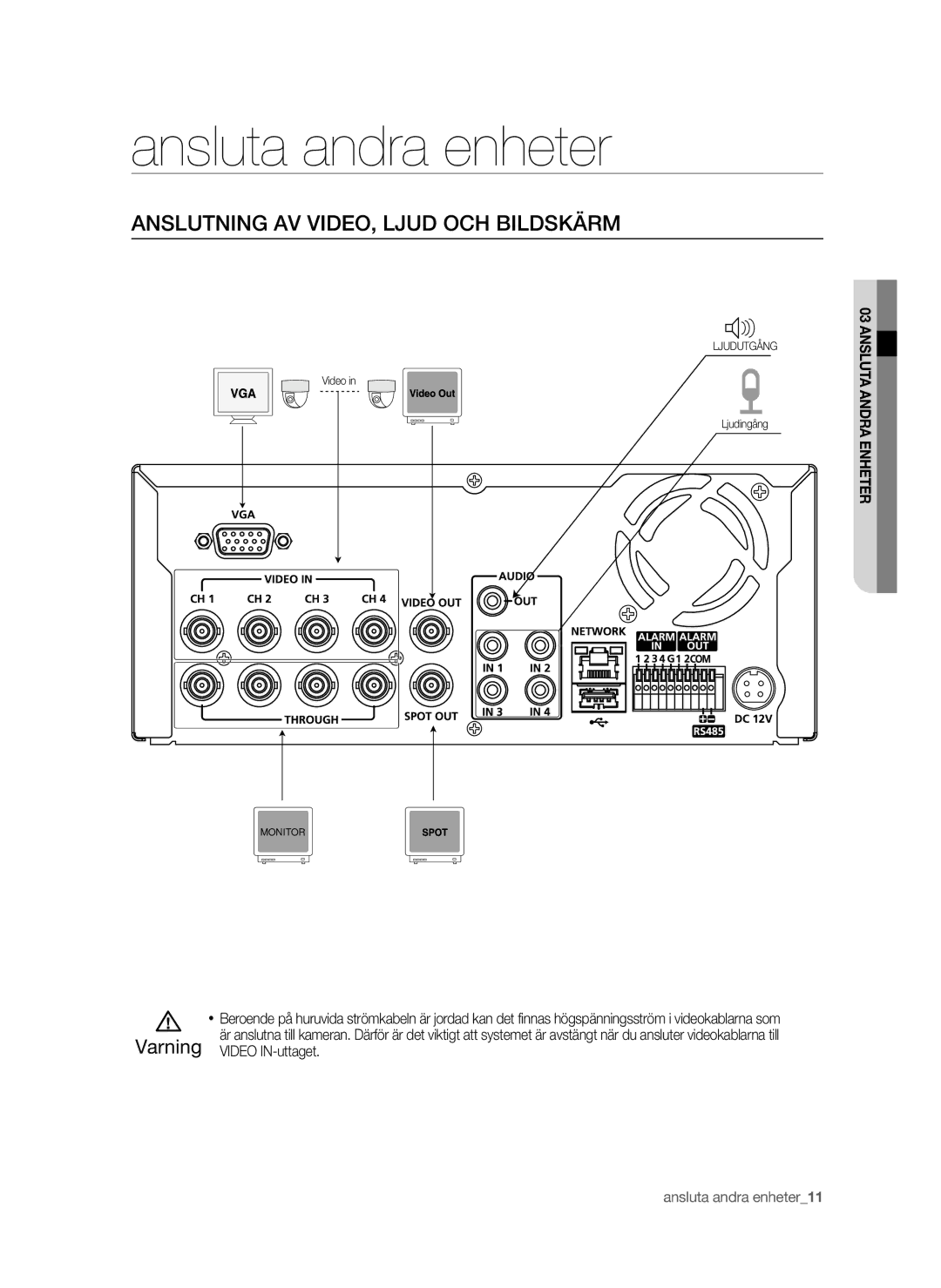 Samsung SHR-6042P manual Ansluta andra enheter, Anslutning AV VIDEO, Ljud OCH Bildskärm, Varning, Video IN-uttaget 