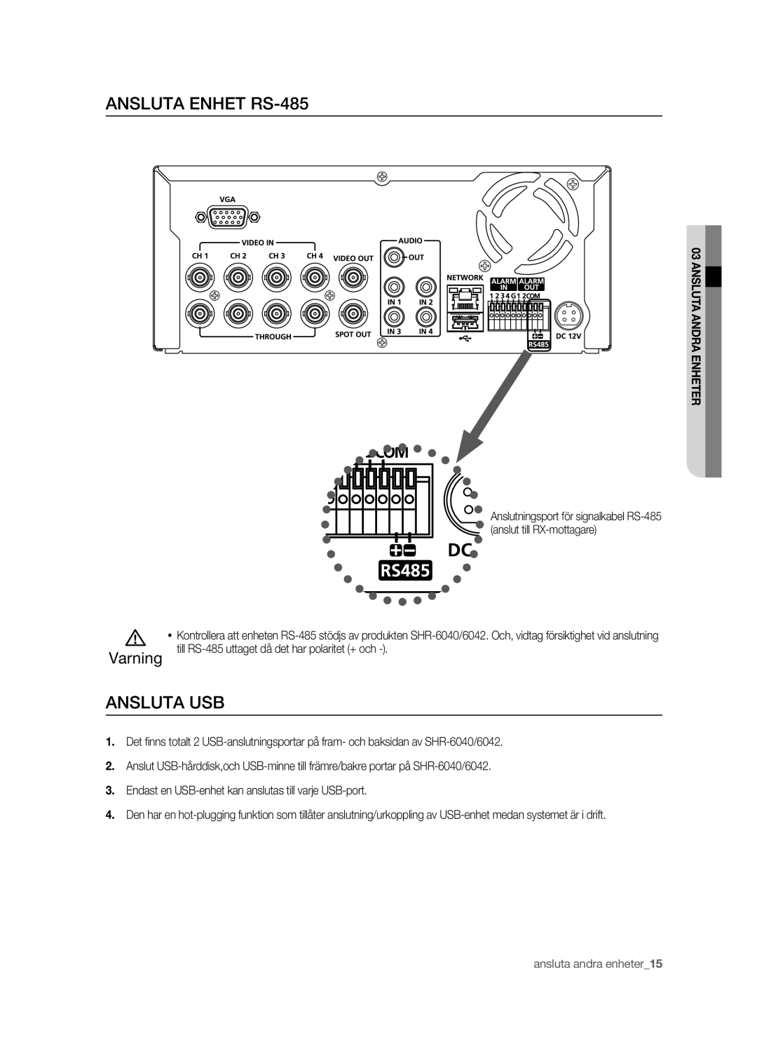 Samsung SHR-6042P manual Ansluta Enhet RS-485, Ansluta USB 