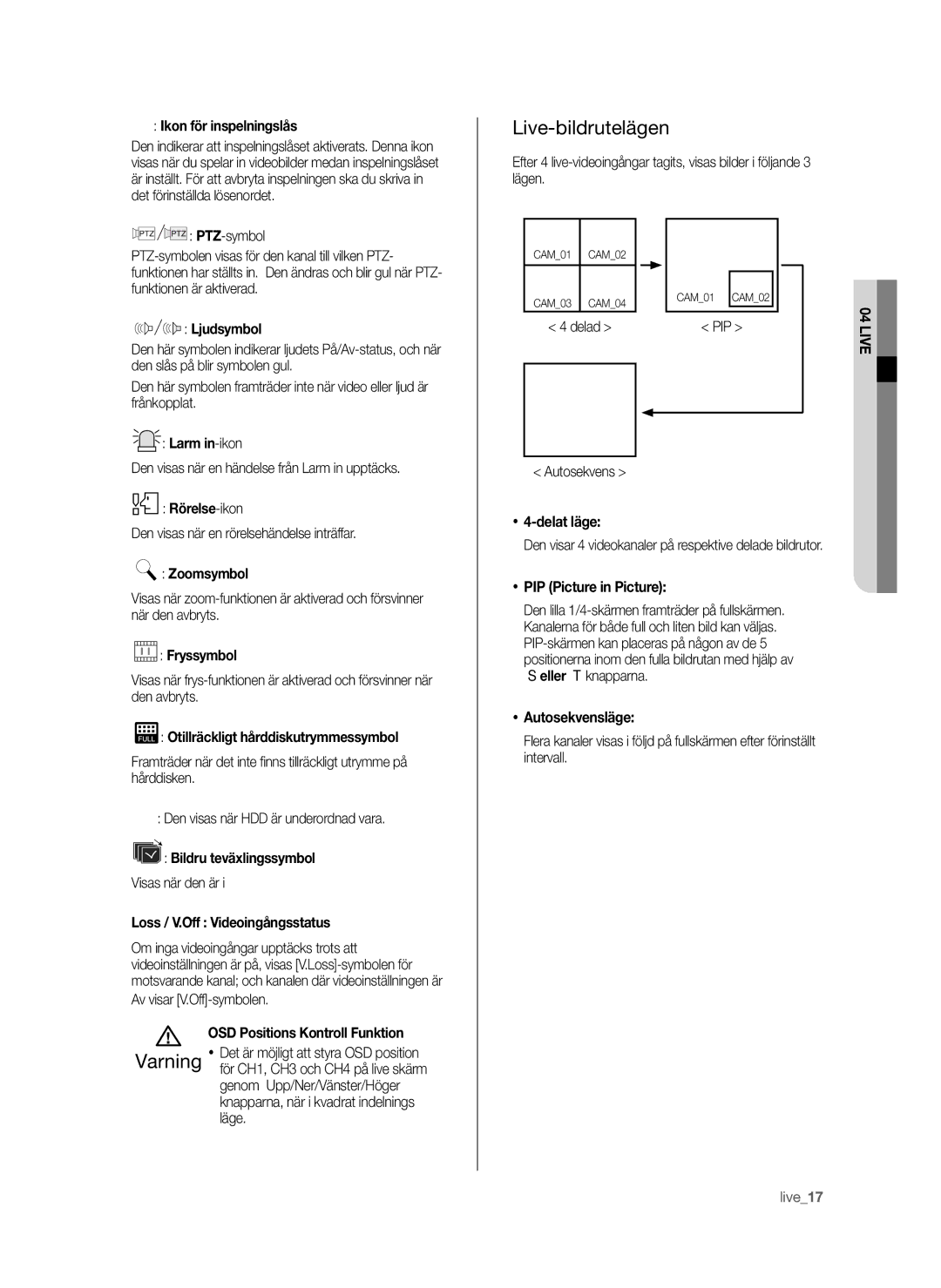 Samsung SHR-6042P manual Live-bildrutelägen 