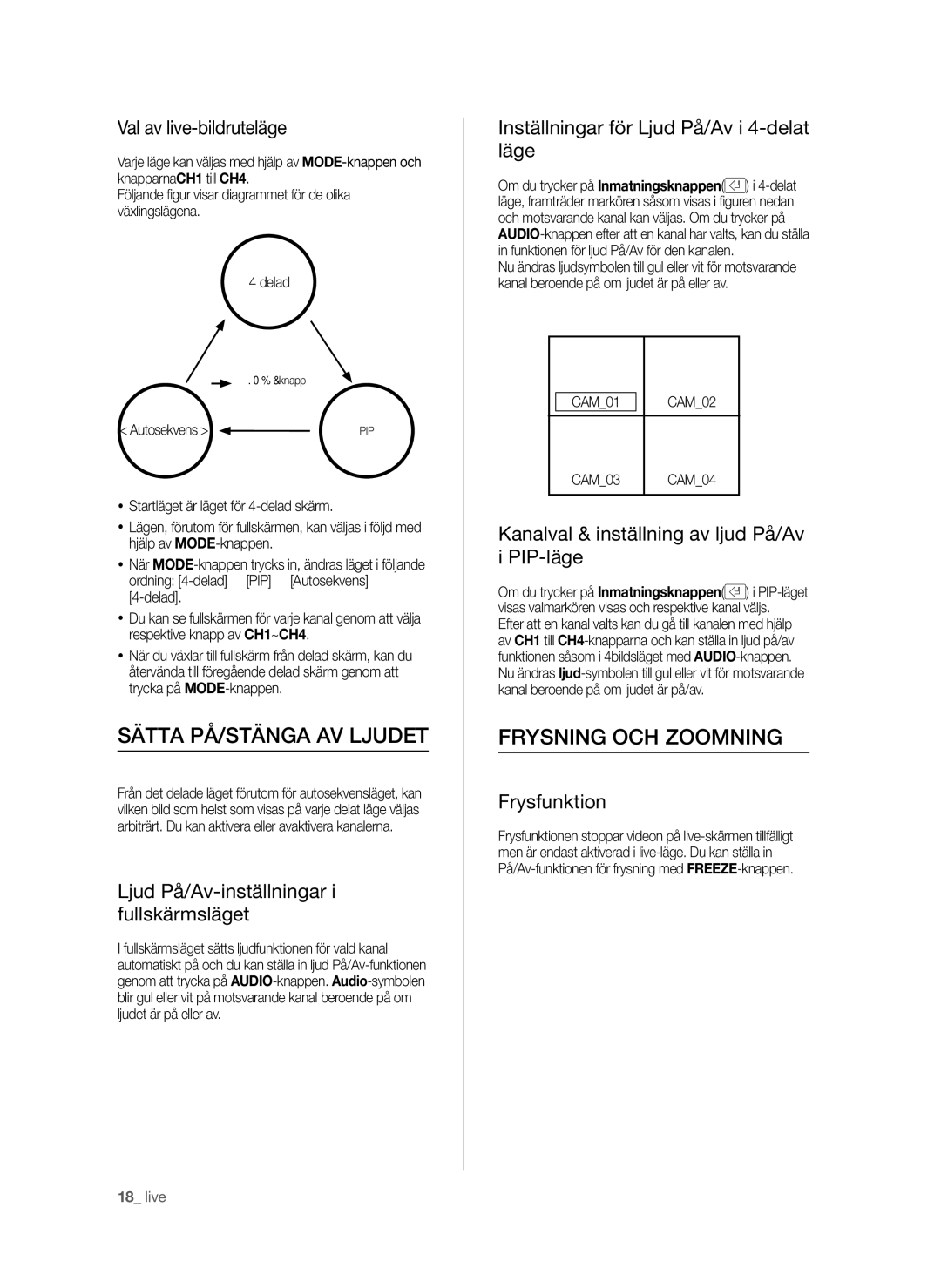 Samsung SHR-6042P manual Sätta PÅ/STÄNGA AV Ljudet, Frysning OCH Zoomning 