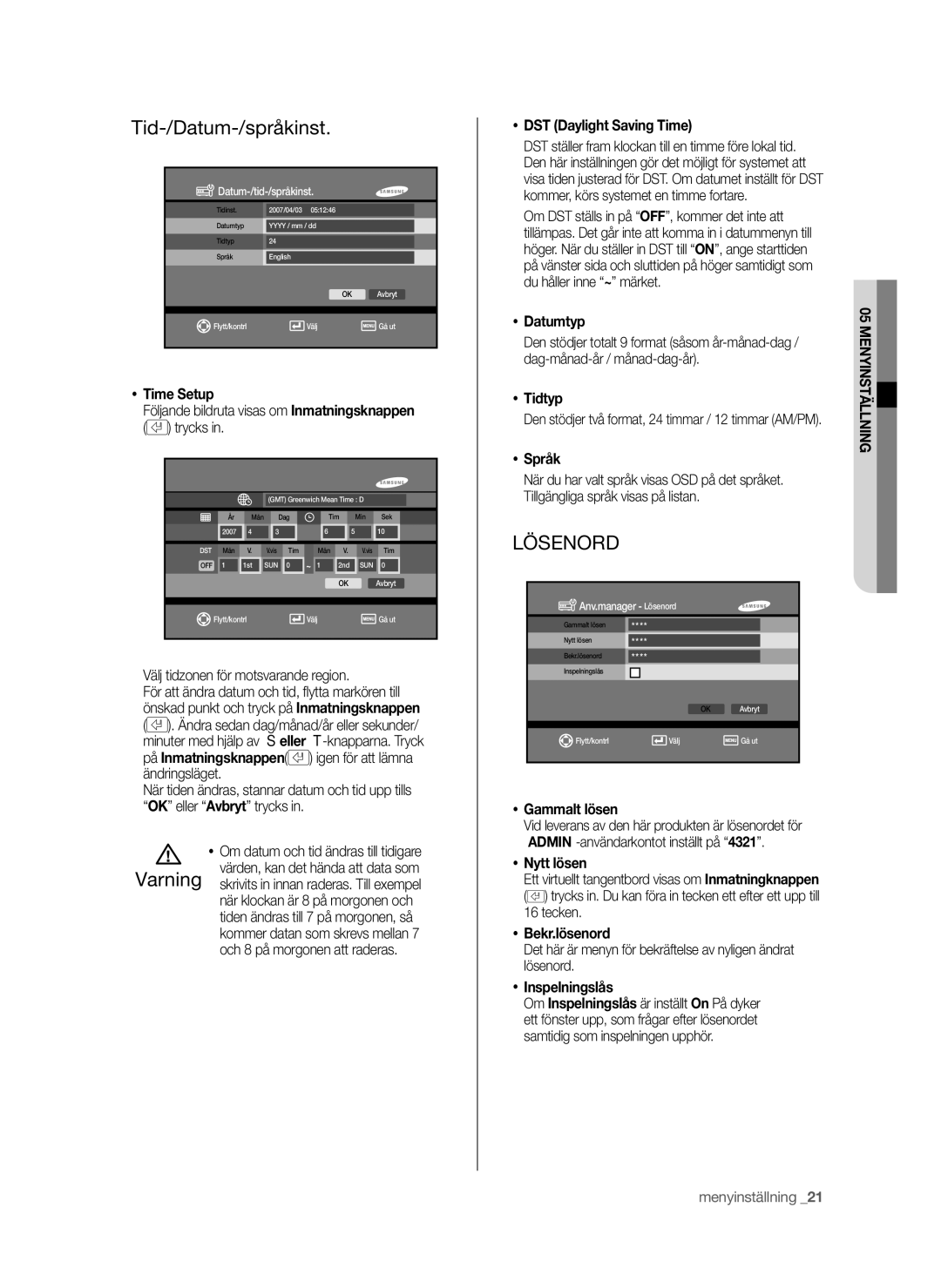 Samsung SHR-6042P manual Tid-/Datum-/språkinst, Lösenord 