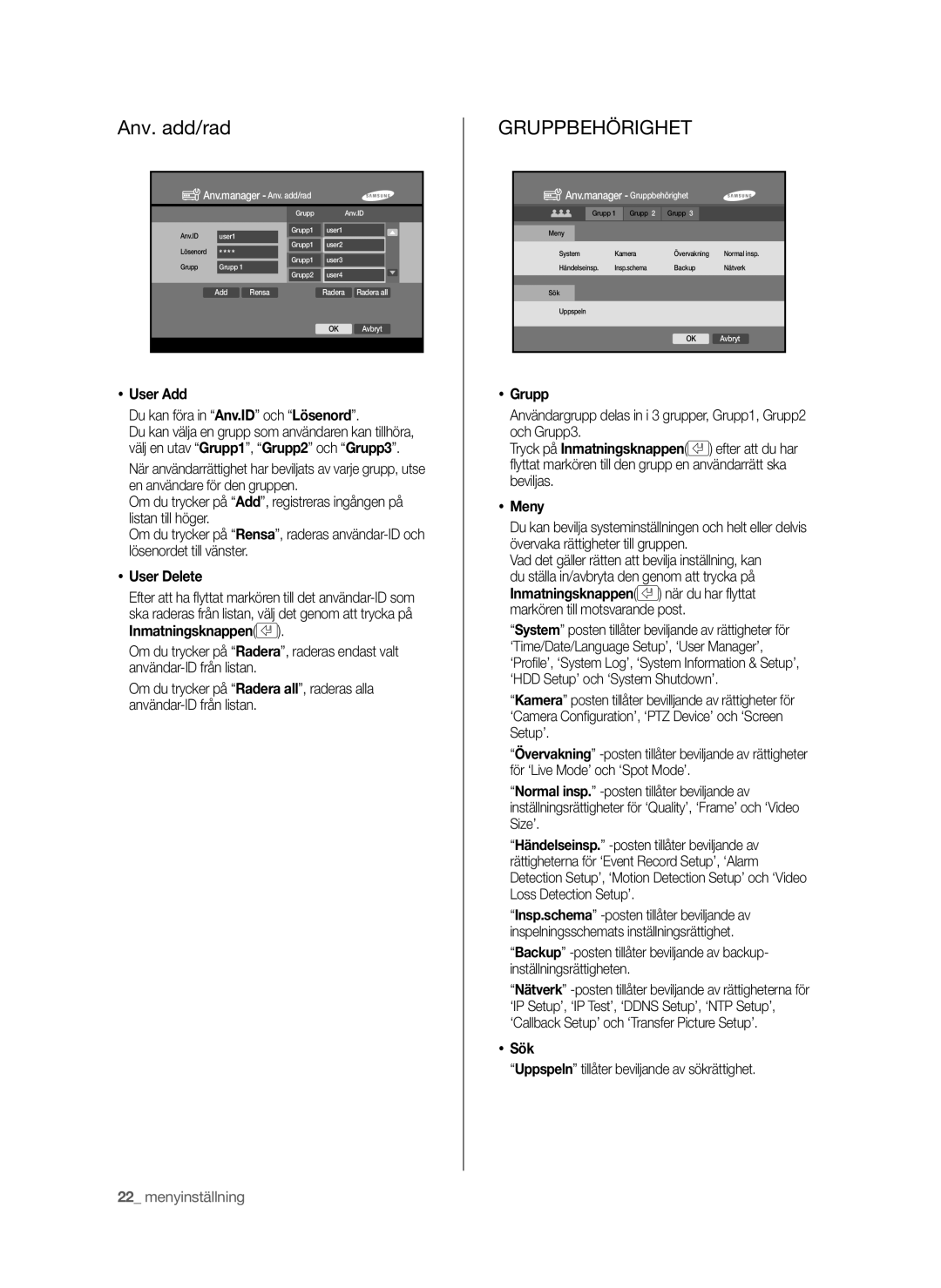 Samsung SHR-6042P manual Anv. add/rad, Gruppbehörighet 