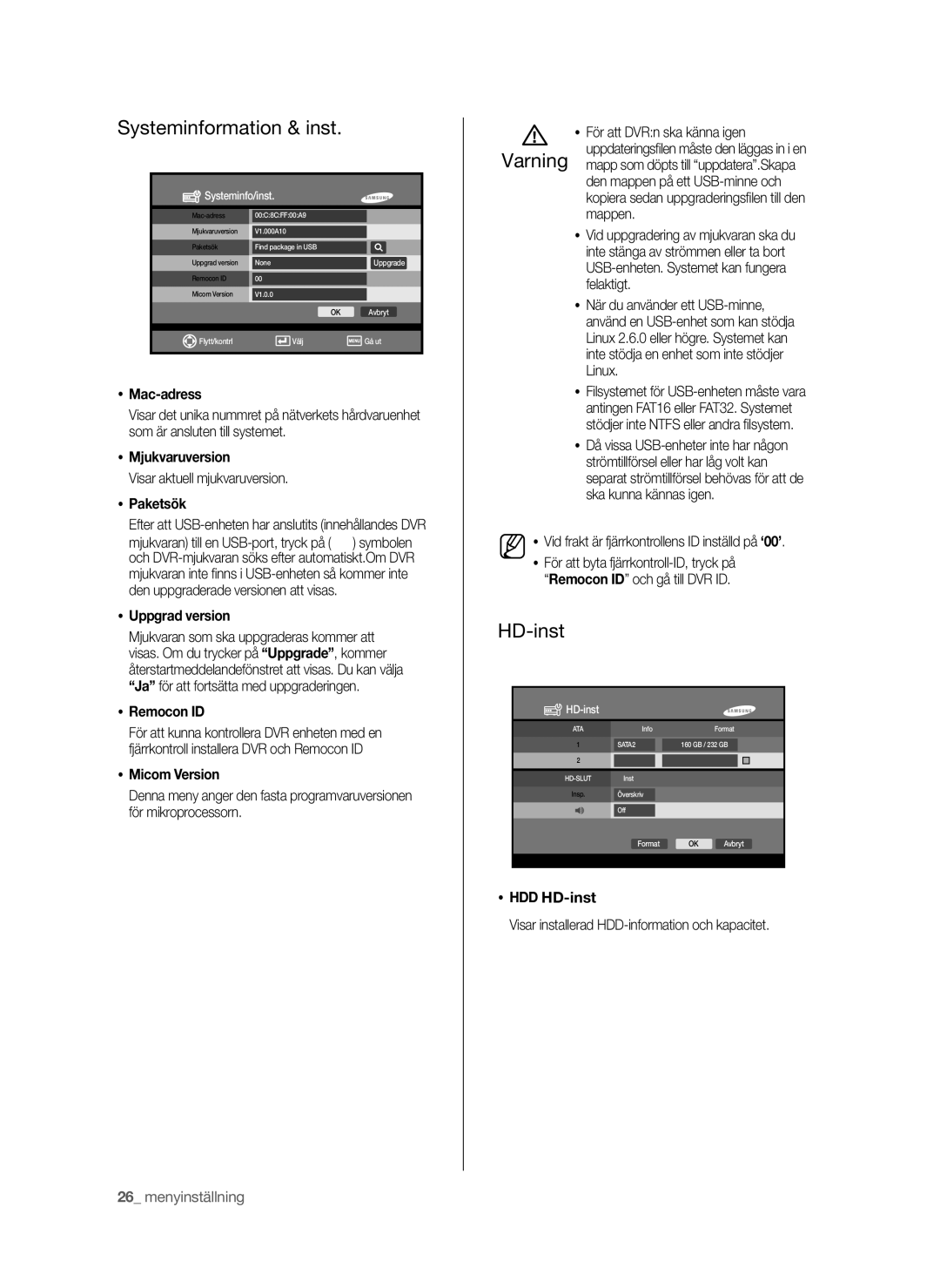 Samsung SHR-6042P manual Systeminformation & inst, HD-inst 