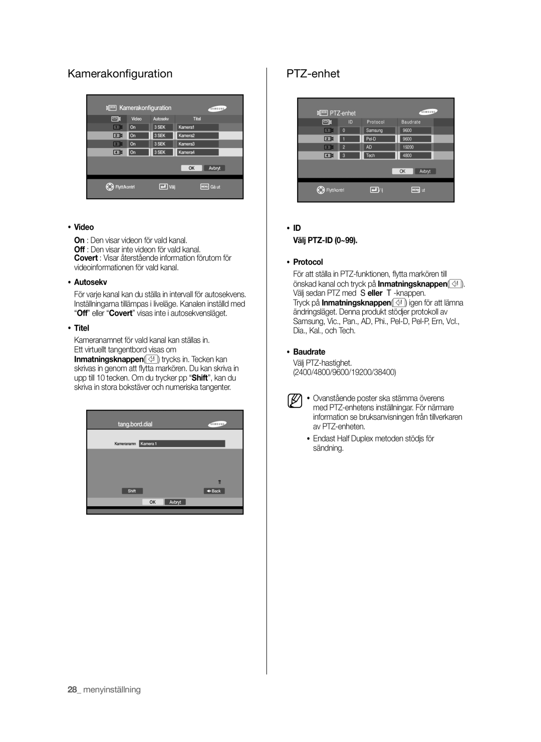 Samsung SHR-6042P manual Kamerakonﬁguration, PTZ-enhet 