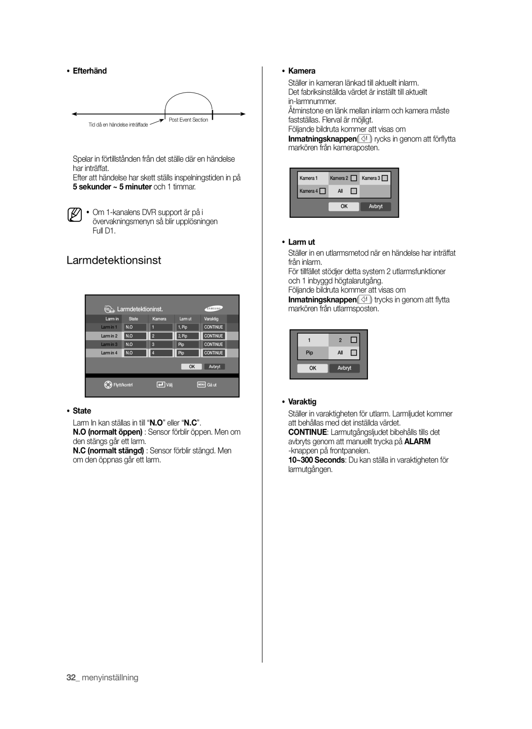 Samsung SHR-6042P manual Larmdetektionsinst, Efterhänd, State, Larm ut, Varaktig 