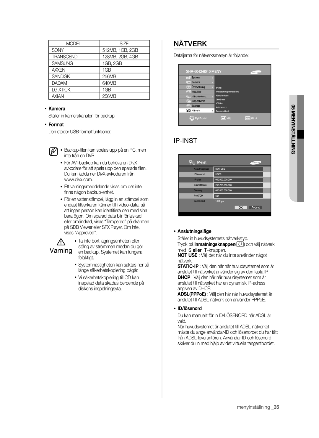 Samsung SHR-6042P manual Nätverk, Ip-Inst, Format, Anslutningsläge, ID/lösenord 