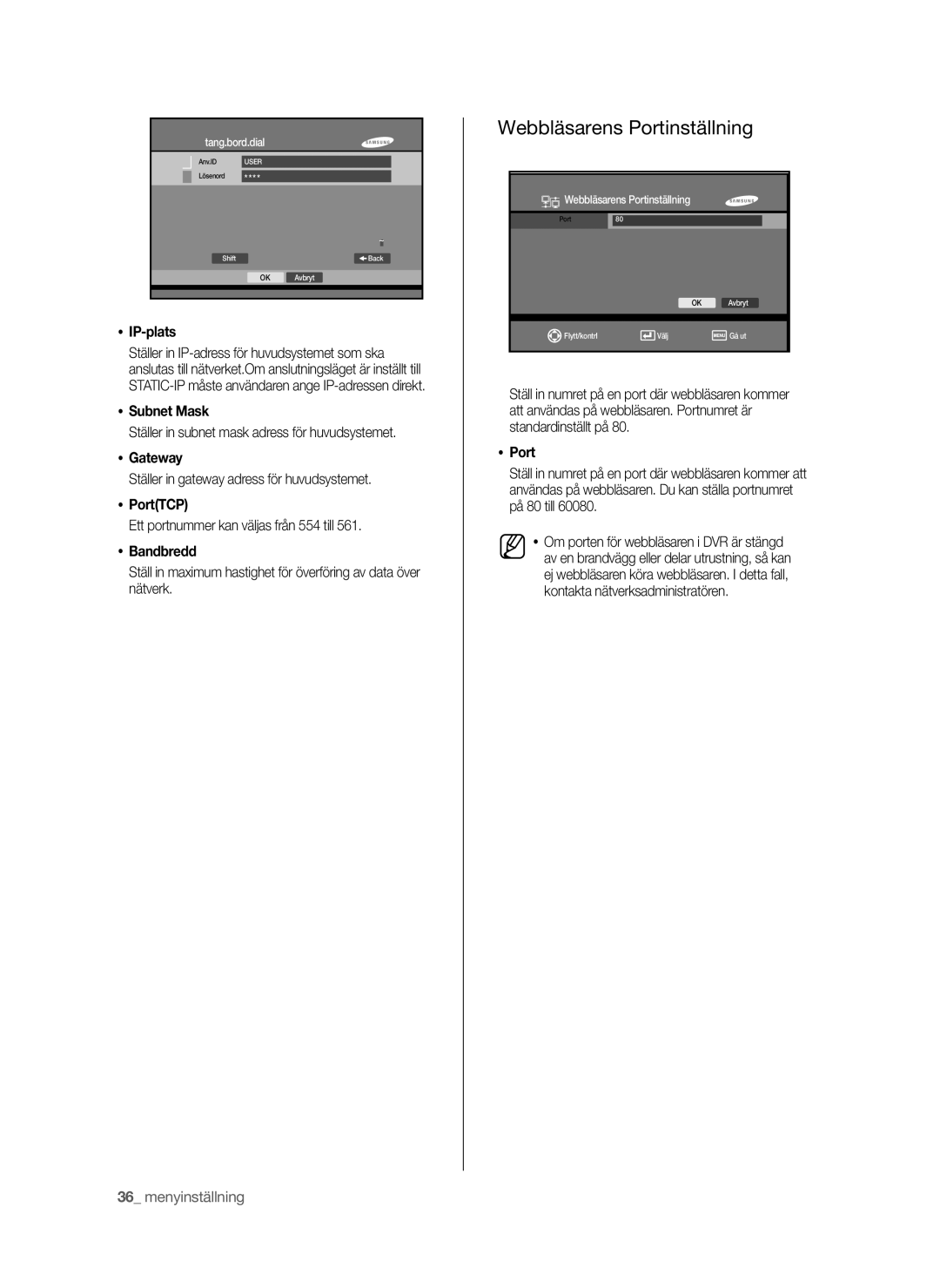 Samsung SHR-6042P manual Webbläsarens Portinställning 