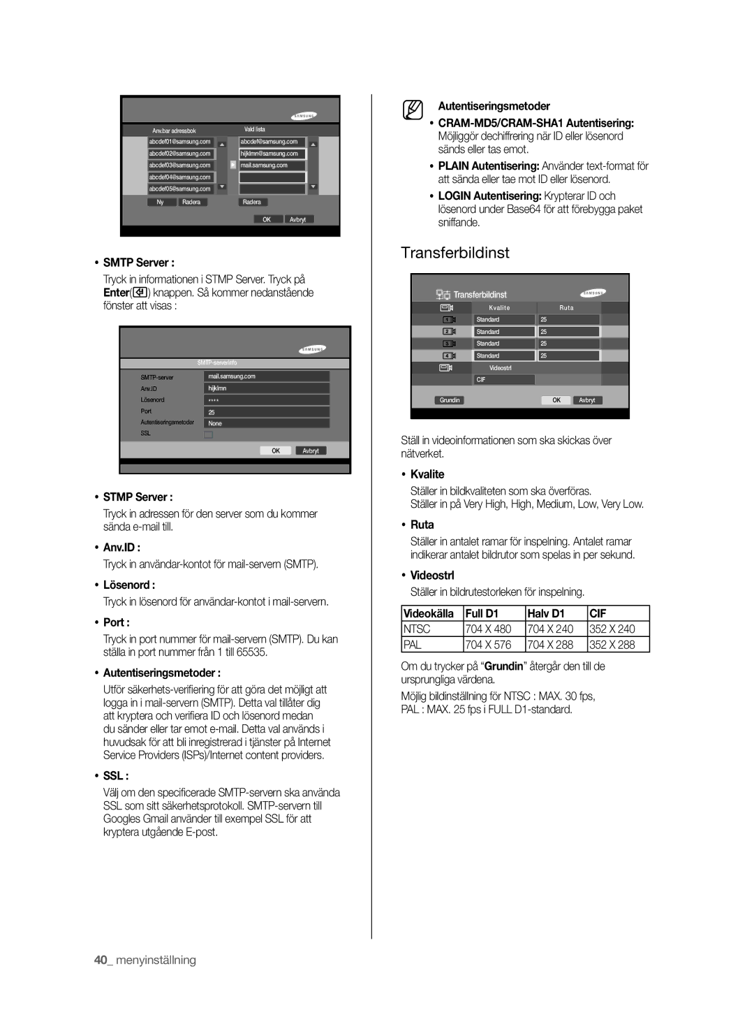 Samsung SHR-6042P manual Transferbildinst, Smtp Server, Stmp Server, Autentiseringsmetoder, Ssl 