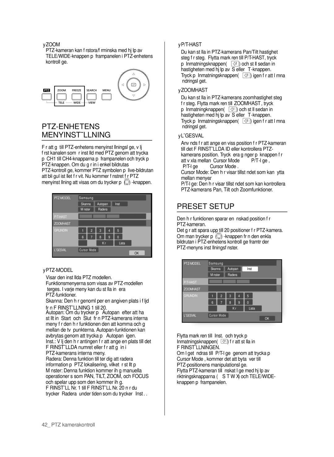 Samsung SHR-6042P manual PTZ-ENHETENS Menyinställning, Preset Setup 