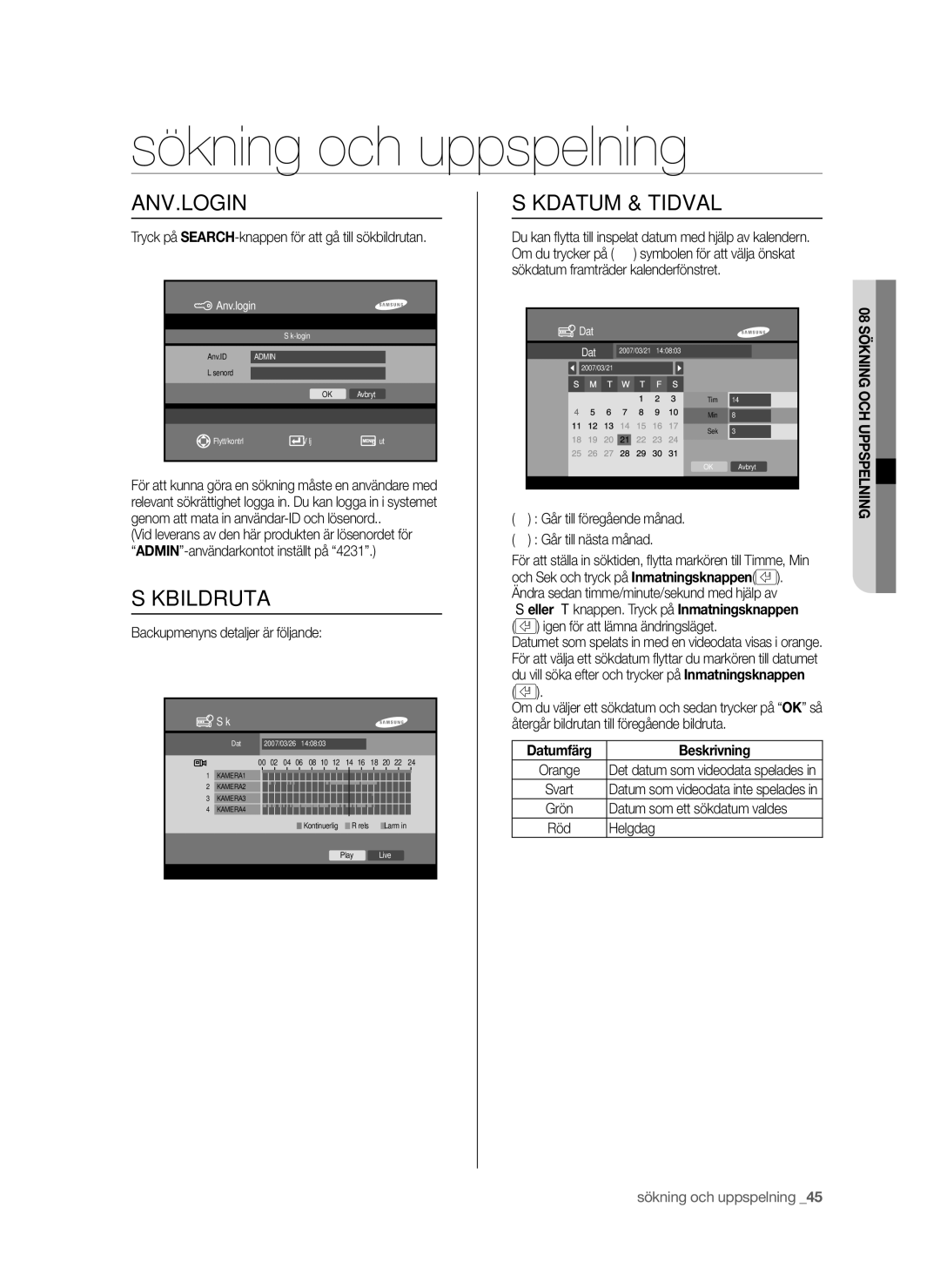 Samsung SHR-6042P manual Sökning och uppspelning, Anv.Login, Sökbildruta, Sökdatum & Tidval 