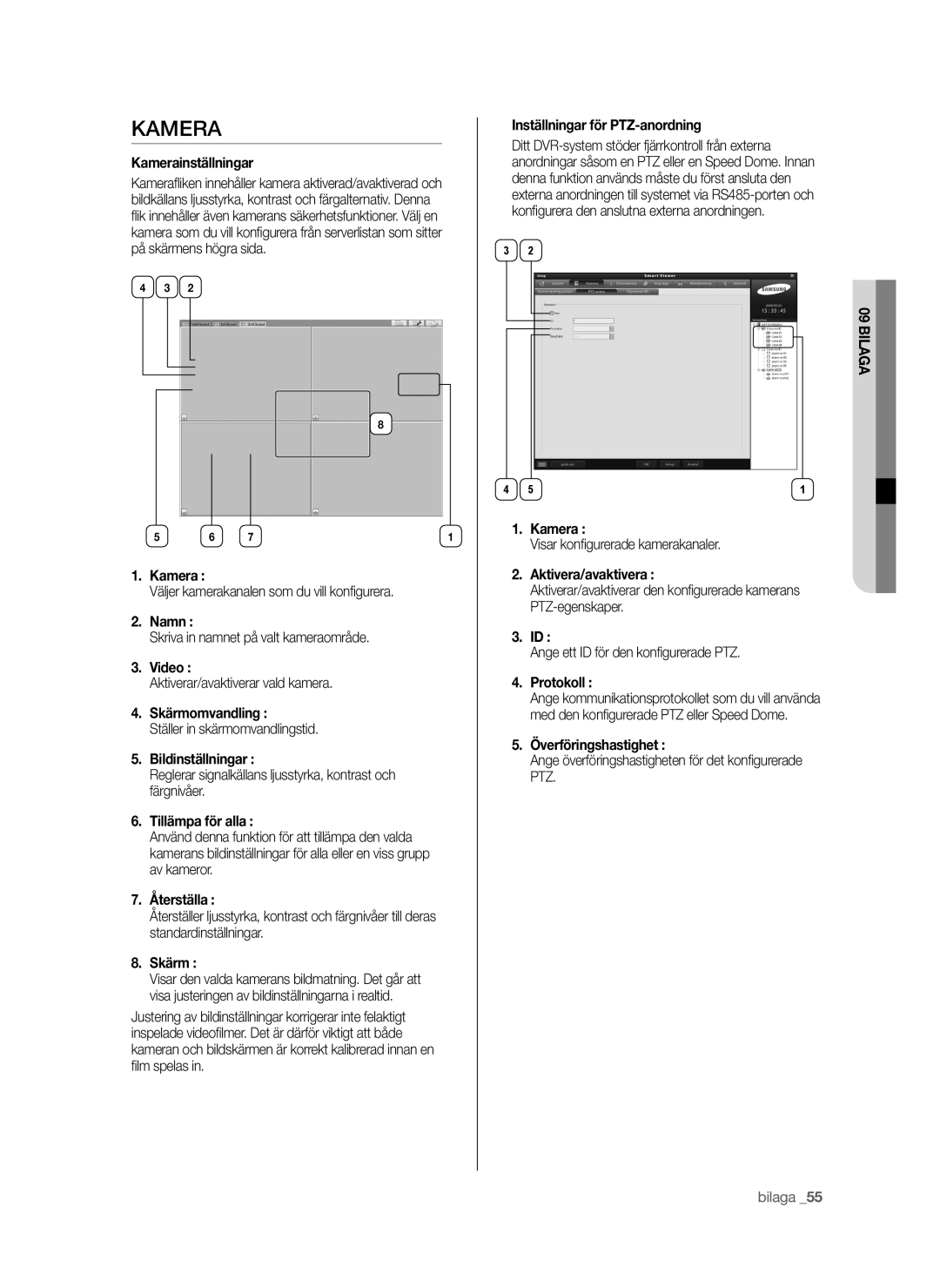 Samsung SHR-6042P Kamerainställningar, Namn, Skärmomvandling, Bildinställningar, Tillämpa för alla, Aktivera/avaktivera 