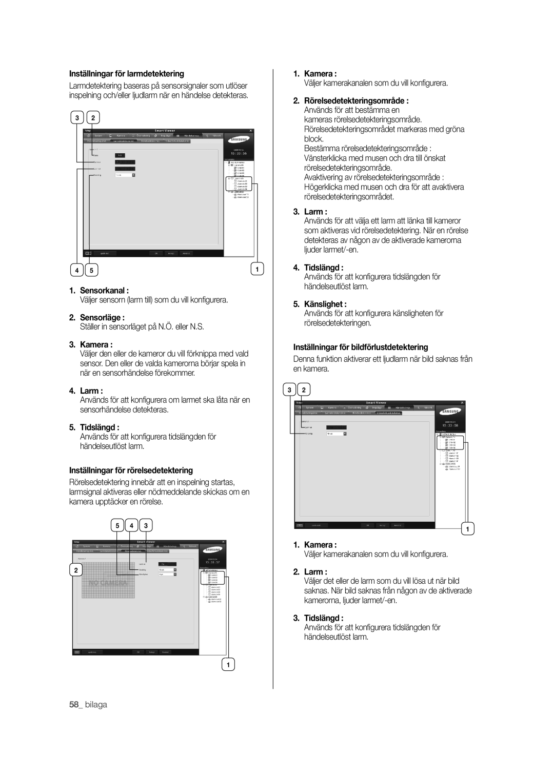 Samsung SHR-6042P manual Inställningar för larmdetektering, Sensorkanal, Sensorläge, Larm, Tidslängd 