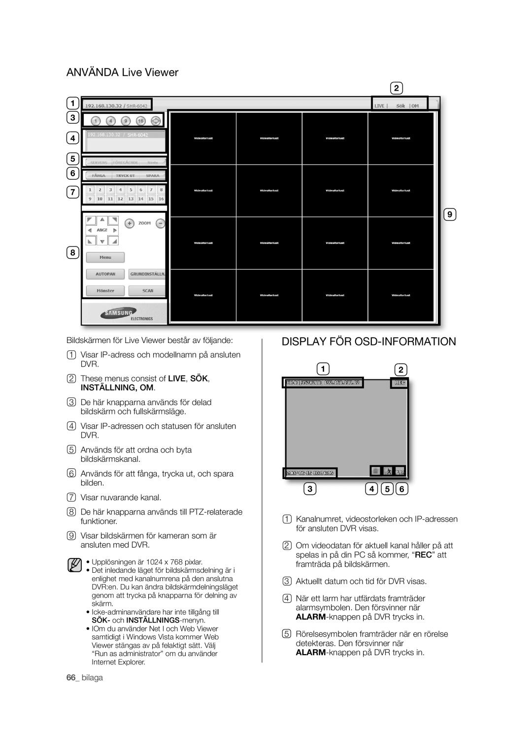 Samsung SHR-6042P manual Använda Live Viewer, Display FÖR OSD-INFORMATION 