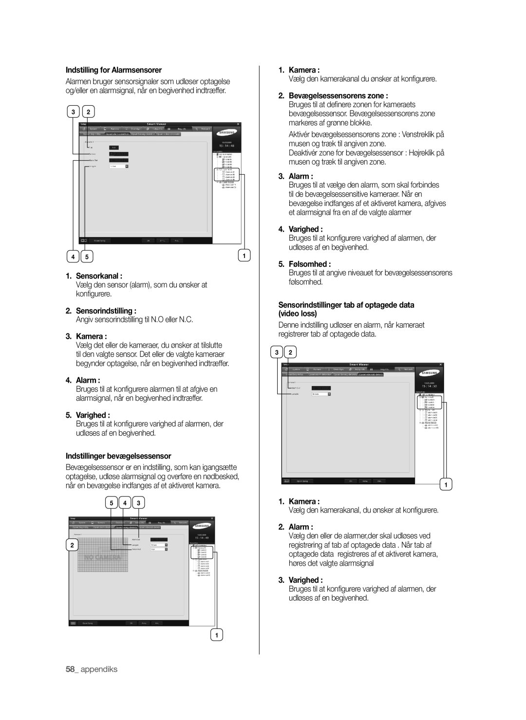 Samsung SHR-6042P Indstilling for Alarmsensorer, Sensorkanal, Sensorindstilling, Varighed, Indstillinger bevægelsessensor 