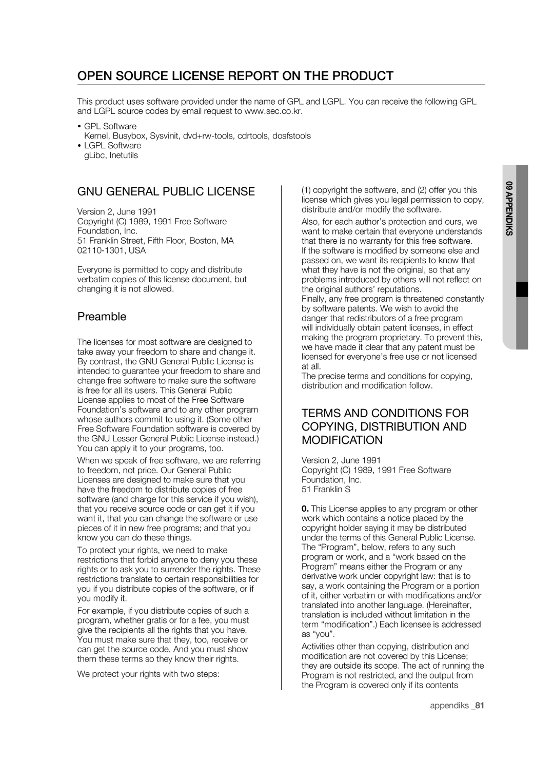 Samsung SHR-6042P manual Open Source License Report on the Product, GNU General Public License, Preamble 