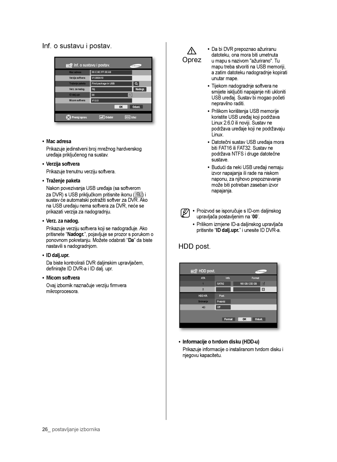 Samsung SHR-6042P manual Inf. o sustavu i postav, HDD post 