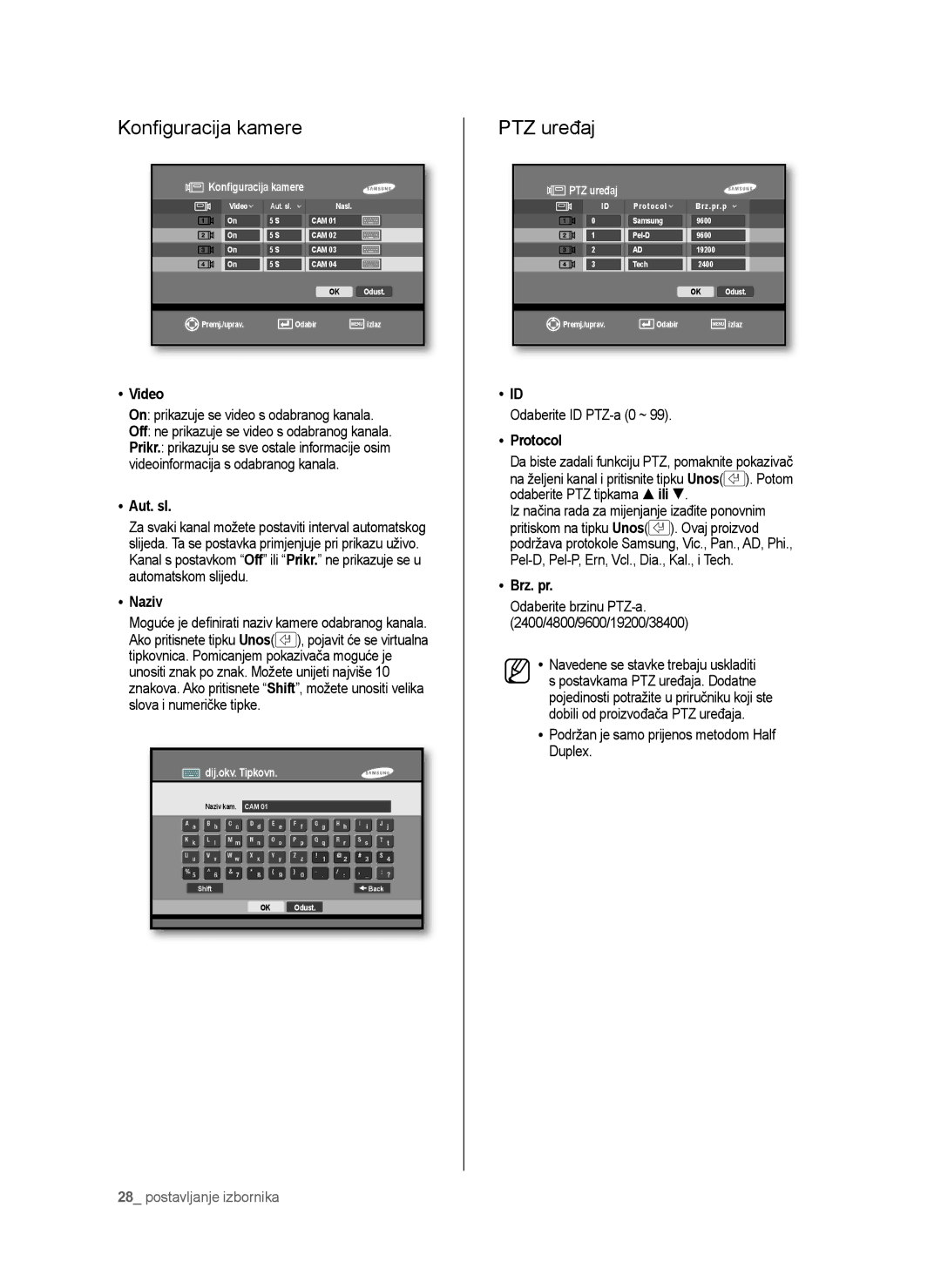 Samsung SHR-6042P manual Konﬁguracija kamere, PTZ uređaj 