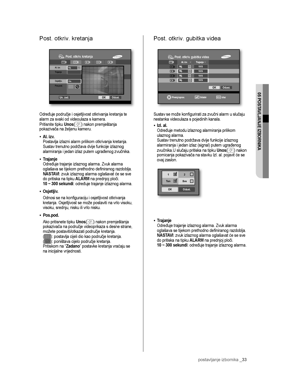 Samsung SHR-6042P manual Post. otkriv. kretanja, Post. otkriv. gubitka videa, Al. izv, Osjetljiv, Pos.pod 