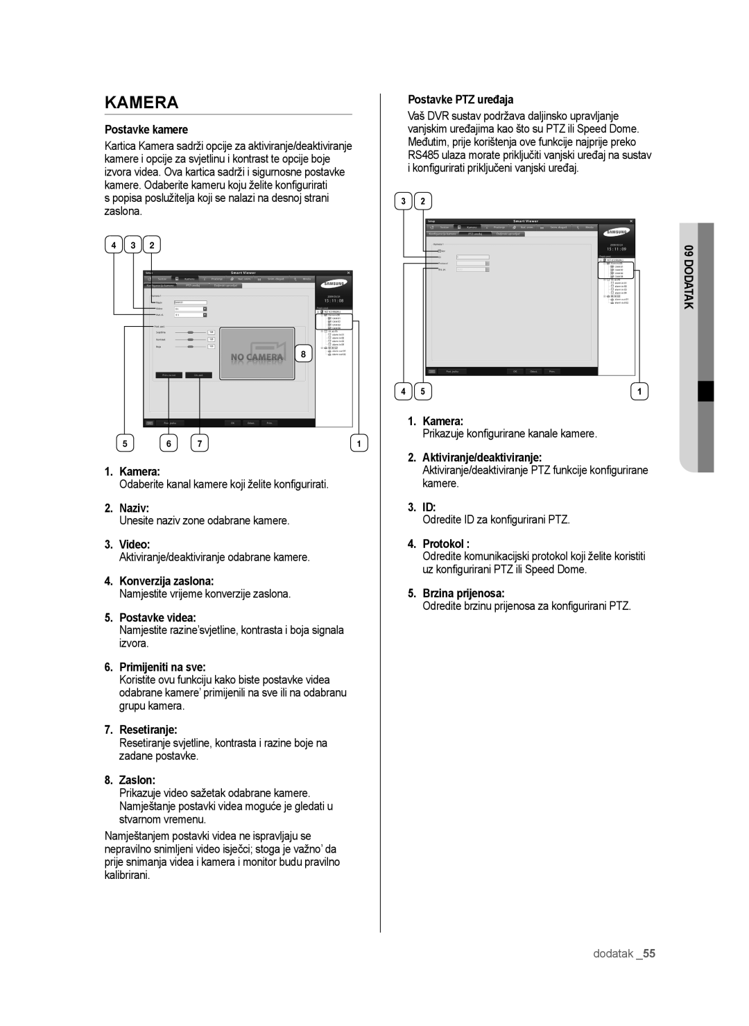 Samsung SHR-6042P Postavke kamere, Konverzija zaslona, Postavke videa, Primijeniti na sve, Zaslon, Postavke PTZ uređaja 