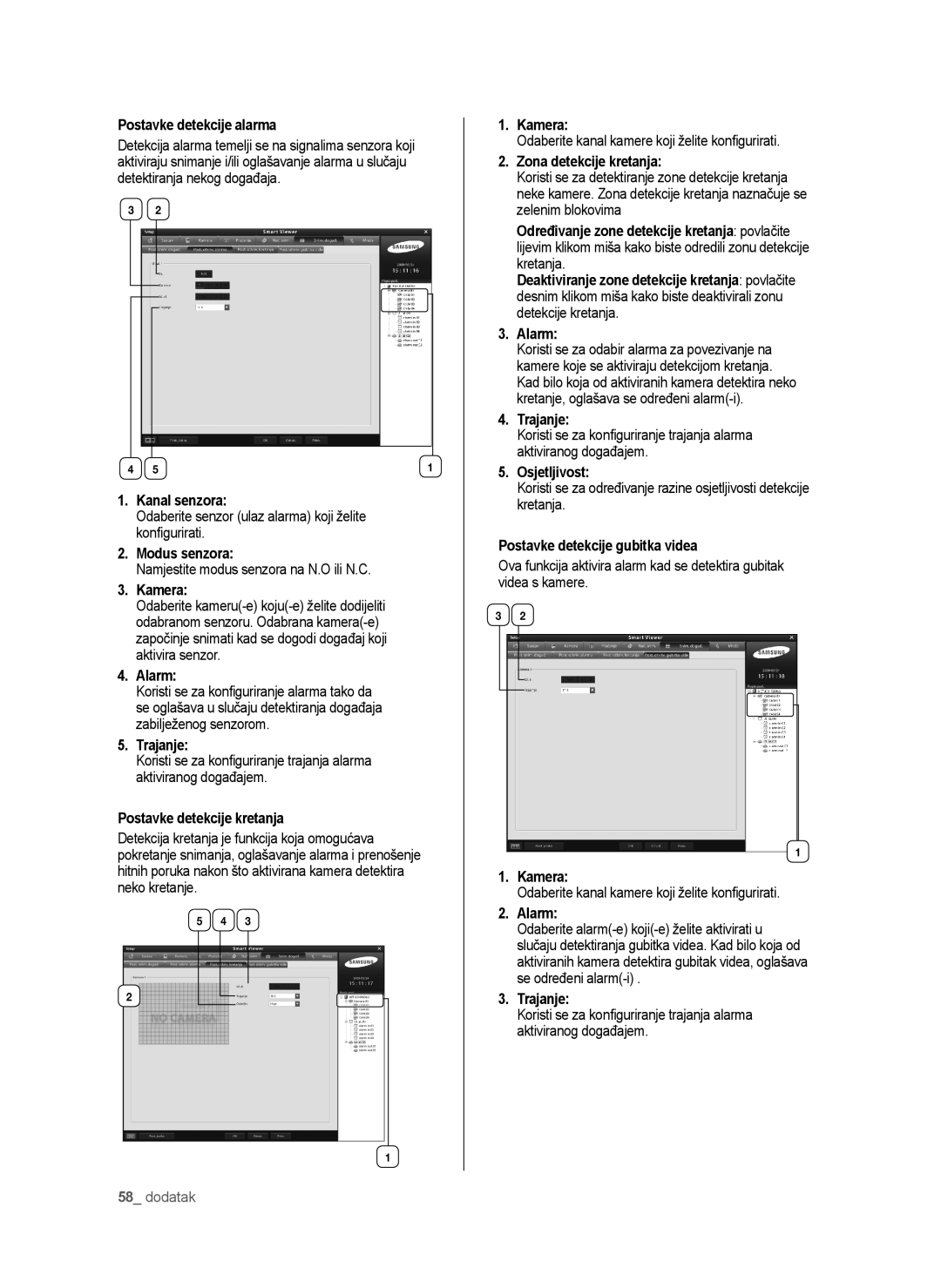 Samsung SHR-6042P manual Postavke detekcije alarma, Kanal senzora, Modus senzora, Alarm, Postavke detekcije kretanja 