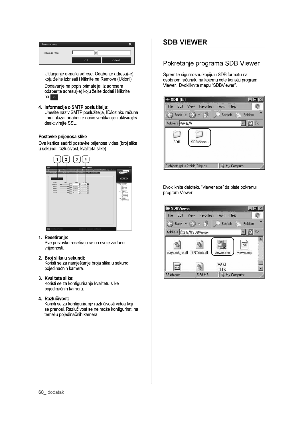 Samsung SHR-6042P manual Pokretanje programa SDB Viewer, Informacije o Smtp poslužitelju, Postavke prijenosa slike 